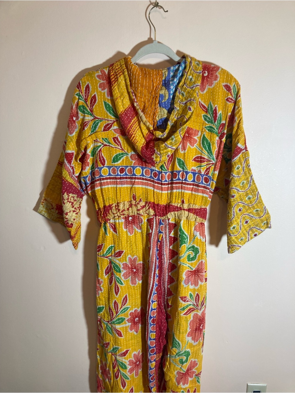 Yellow Floral Hooded Long Sleeve Women's Dress with Elastic Waist